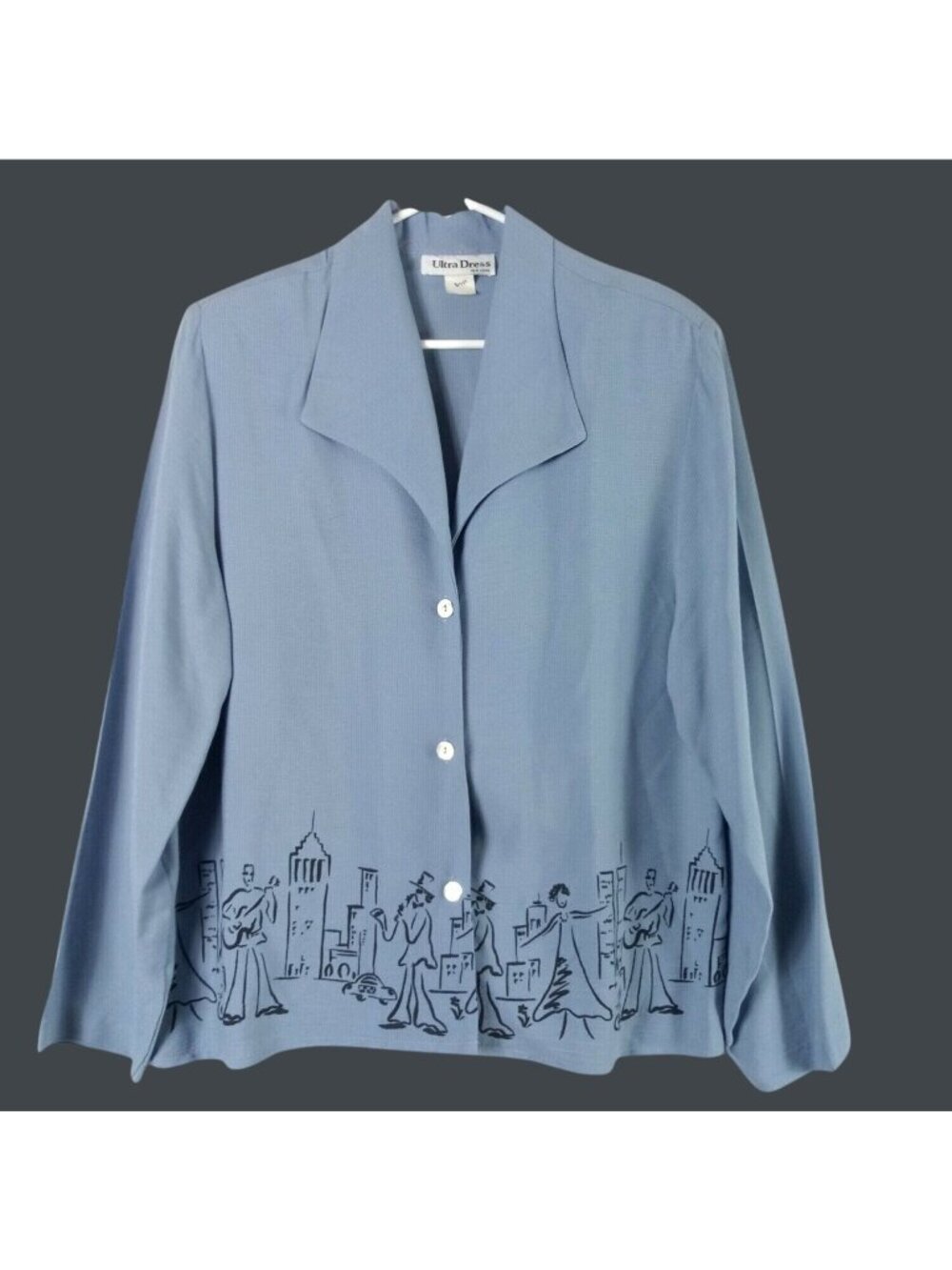 Ultra Dress New York Vintage Jazz Graphic Shirt Jacket Womens Large Travel Artsy